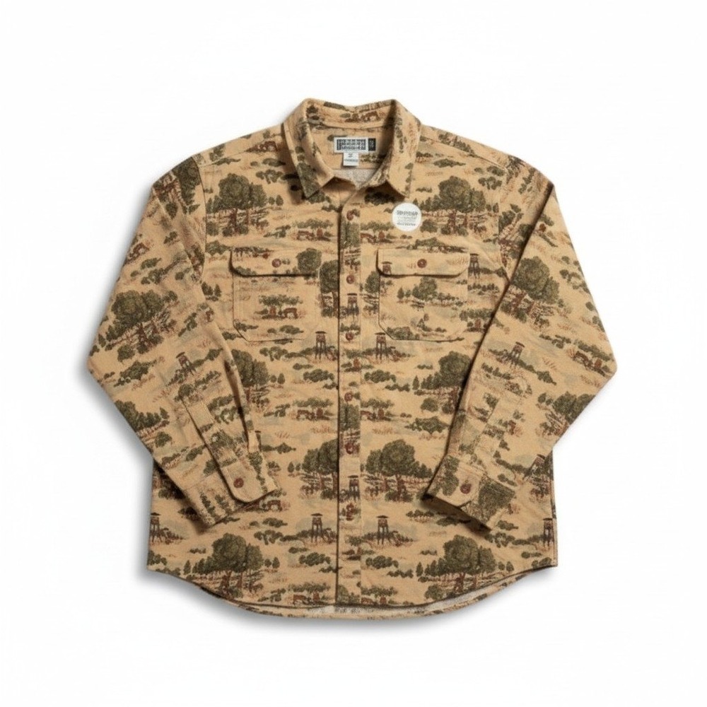 Duluth Trading Co Moleskin Button Down Shirt L Tan Deer Hunting Print Cabincore